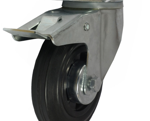 100mm Swivel Castor with Total Stop Brake and Black Rubber Tyre wheel with a Roller Bearing