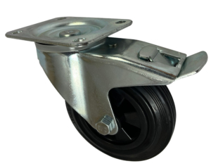 160mm Swivel and Brake Castor with Black Rubber Tyre Wheel on a polypropylene centre. Roller bearing and 135kg load capacity