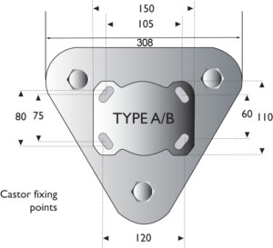 50mm scene shifter with 3 twin wheel castors with nylon wheels top view diagram