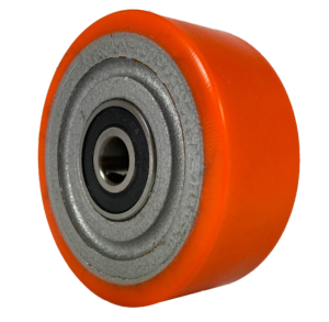 100mm orange polyurethane tyre on a cast iron centre castor wheel with 40mm hub length and 15mm ball bearing 350kg load rating kw100pcb40