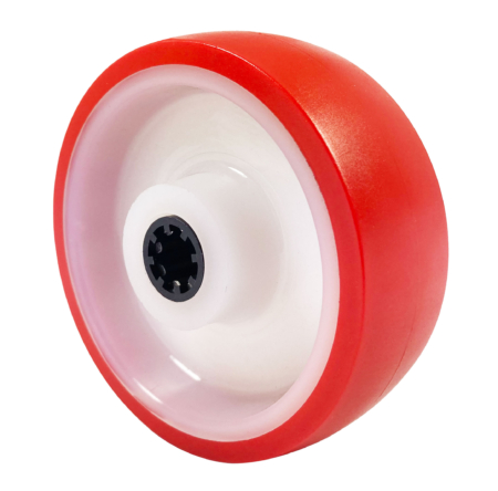 100mm Castor Wheel with Red Polyurethane Tyre on a White Nylon Centre and12mm needle roller bearing. 200kg Load Rating