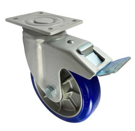 200mm Heavy Duty Swivel and Brake Castor with Powder Coated Pressed Steel Frames. Blue Polyurethane Tyre on an Aluminium Centre and 900kg Load Rating