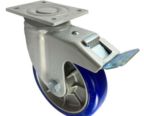 200mm Heavy Duty Swivel and Brake Castor with Powder Coated Pressed Steel Frames. Blue Polyurethane Tyre on an Aluminium Centre and 900kg Load Rating