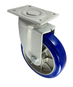 200mm Heavy Duty Swivel Castor with Powder Coated Pressed Steel Frames. 900kg Load Rating with a Blue Polyurethane tyre on an aluminium centre wheel