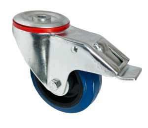 100mm swivel castor with brake and 10mm single bolt hole. Blue elastic rubber tyre wheel on a black nylon centre with roller bearing and 180kg load rating. mszh100rn1b