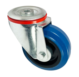 100mm swivel castor with 10mm single bolt hole fitting. Blue elastic rubber tyre wheel on a black nylon centre with roller bearing and 180kg load rating. mszh100rn1b10