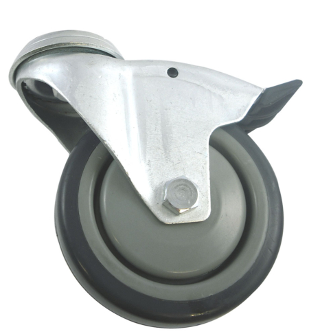 100mm swivel castor with total stop brake and 10mm Single Bolt hole. Grey thermoplastic wheel with ball bearing