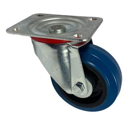 100mm swivel castor with blue elastic rubber tyre wheel and black nylon centre. Roller bearing and 180 kg Load Capacity MSZ100RN1B