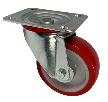 100mm swivel castor with red polyurethane tyre on a white nylon centre and roller bearing. 180kg load rating msz100pn1b