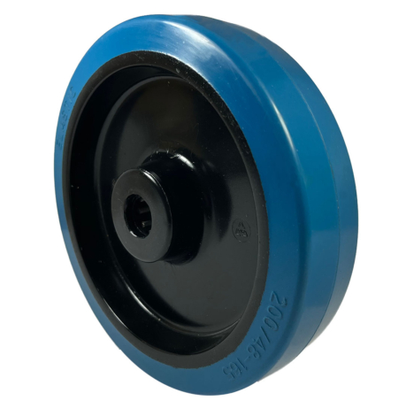 200mm castor wheel with a blue elastic rubber tyre on a black nylon centre and a 20mm roller bearing, 450kg load capacity