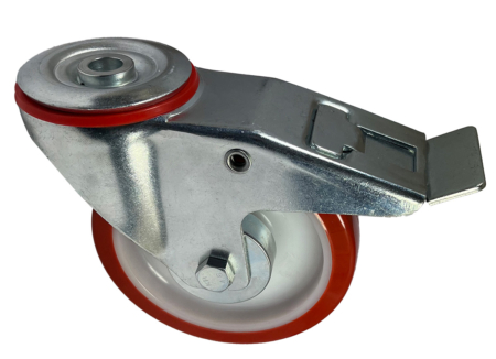 160mm single bolt hole swivel and brake castor with 16mm bolt hole. Polyurethane Tyre with a nylon centre castor wheel with roller bearing. 300kg load capacity.