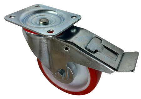 160mm swivel castor with a total stop brake and a red polyurethane tyre wheel on a nylon centre with a needle roller bearing. 105x80mm fixing bolt holes and 300kg load capacity