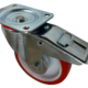 160mm swivel castor with a total stop brake and a red polyurethane tyre wheel on a nylon centre with a needle roller bearing. 105x80mm fixing bolt holes and 300kg load capacity