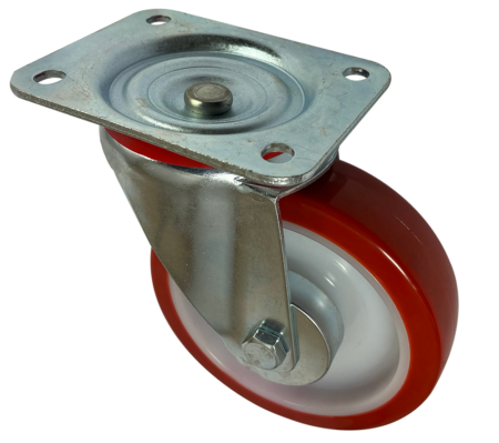 160mm Swivel Castor with red polyurethane tyre on a white nylon centre castor wheel. The wheel has a needle roller bearing. 105x80mm fixing bolt hole centres and a load capacity of 300kg.